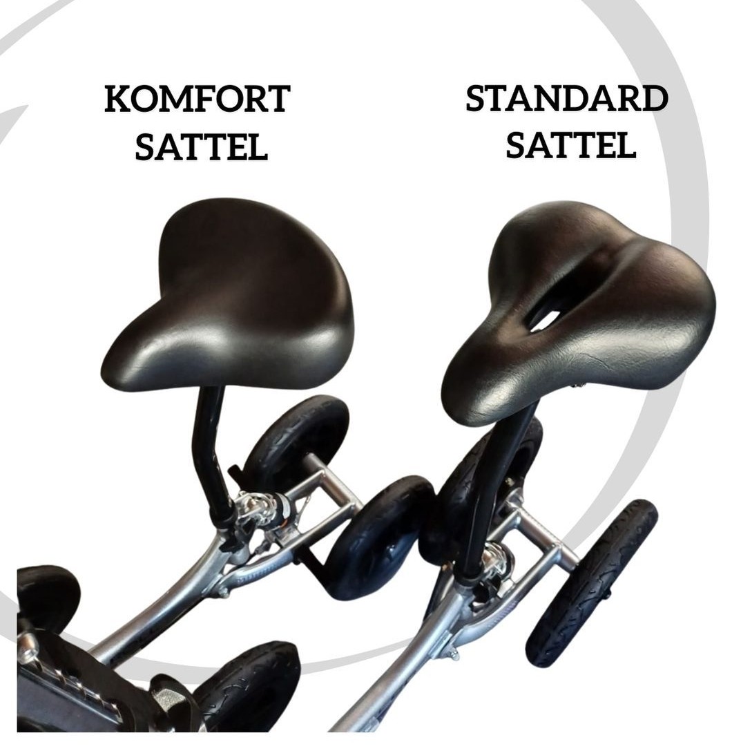 Schwarzer Mobi-Roll Komfortsattel in Seitenansicht und Draufsicht mit eingezeichneten Abmessungen.