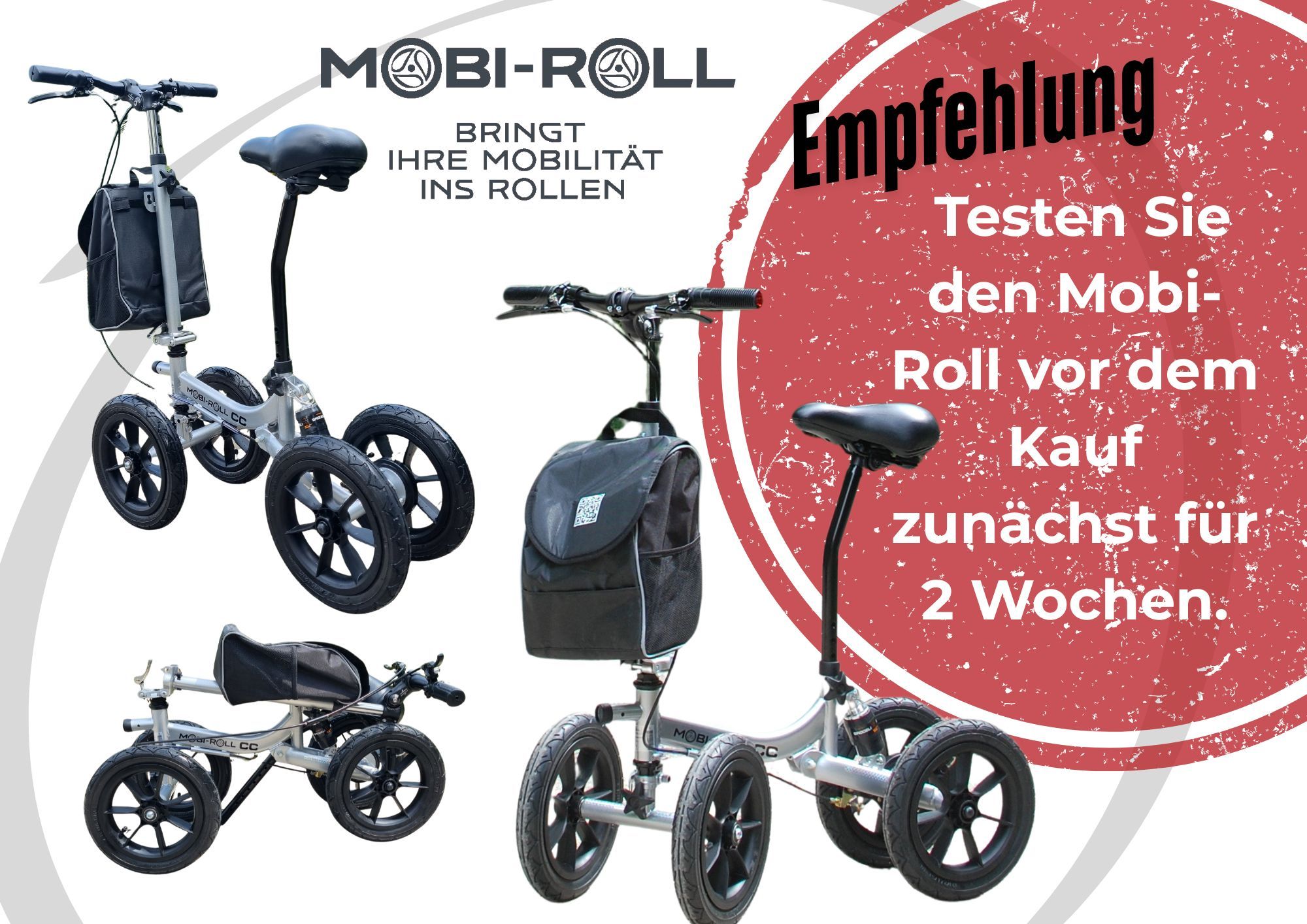 Mobi-Roll MRW25 CC Sitz- und Laufroller mit Luftreifen und Tasche, aufgebaut und zusammengeklappt, mit Hinweis auf eine zweiwöchige Testmiete.