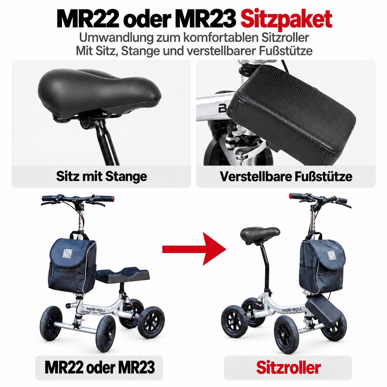 Umrüstset für den Mobi-Roll MR22 oder MR23 Knieroller mit Sitz, Stange und verstellbarer Fußstütze zum Umbau in einen Sitzroller.