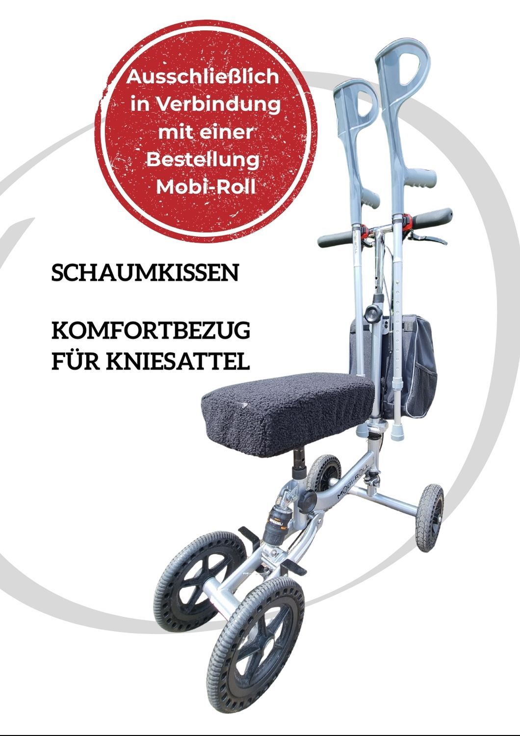 Mobi-Roll Knieroller mit Schaumkissen-Komfortbezug auf der Knieauflage und befestigten Unterarmgehstützen. Hinweis: nur zusammen mit einem Mobi-Roll bestellbar.