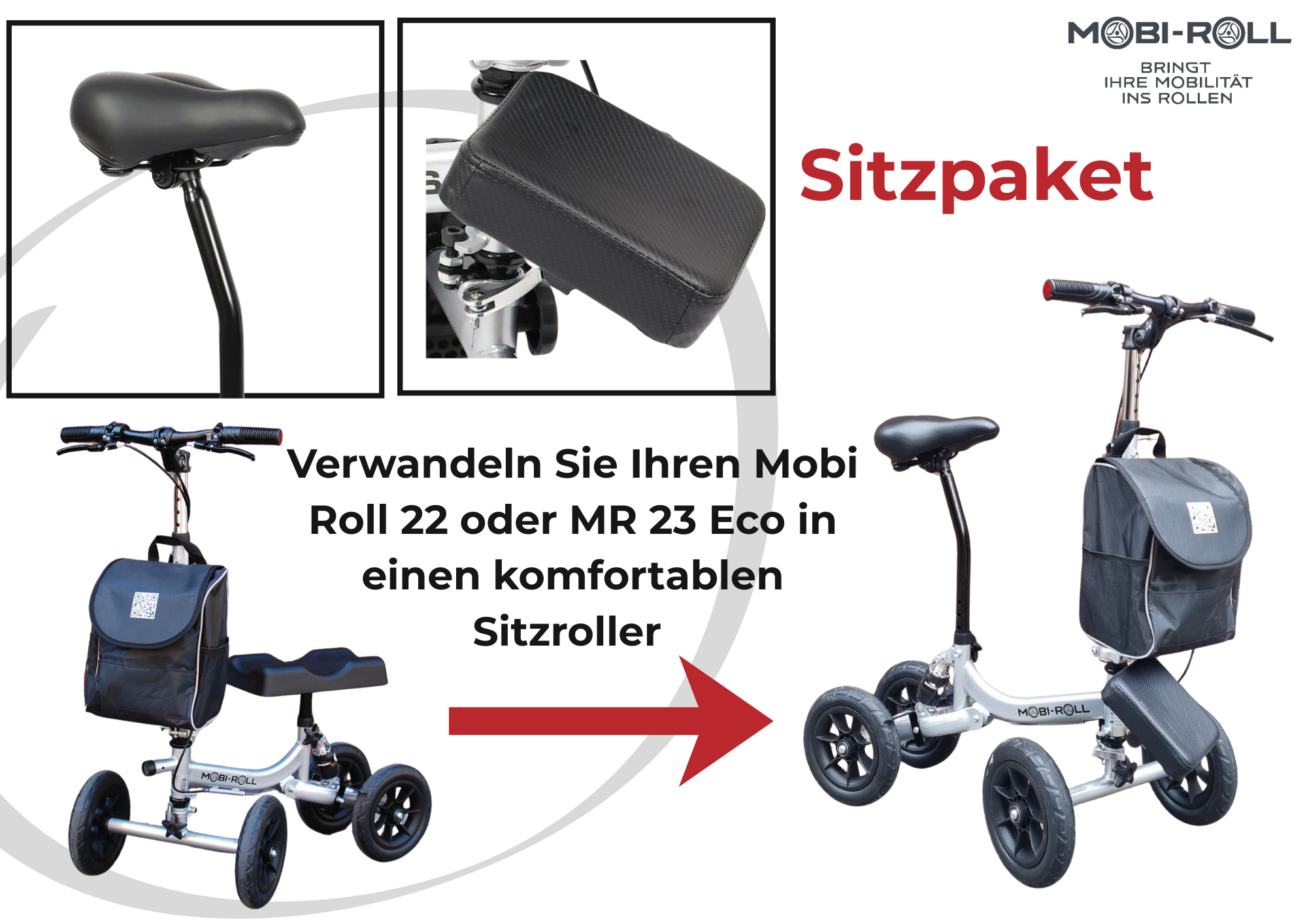 MR22 oder MR23 Sitzpaket – Umwandlung zum komfortablen Sitzroller mit Sitz, Stange und verstellbarer Fußstütze- Mieten!